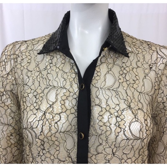 Issi Beige Black Lace Sequins Trim Top Size M - Picture 3 of 7